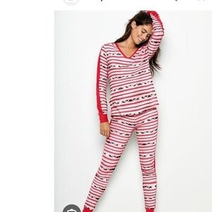 Victoria's Secret Pajama Set Size S Red White Thermal‎ Knit Long Sleeve Lounge